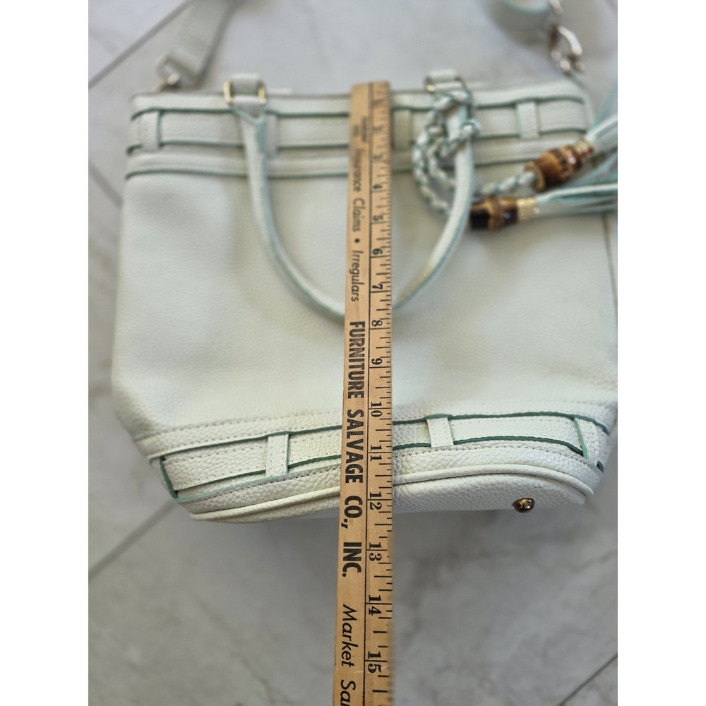 Pebbled Leather Tote Bag Mint Green Bamboo Tassel Crossbody Handbag - Picture 5 of 11